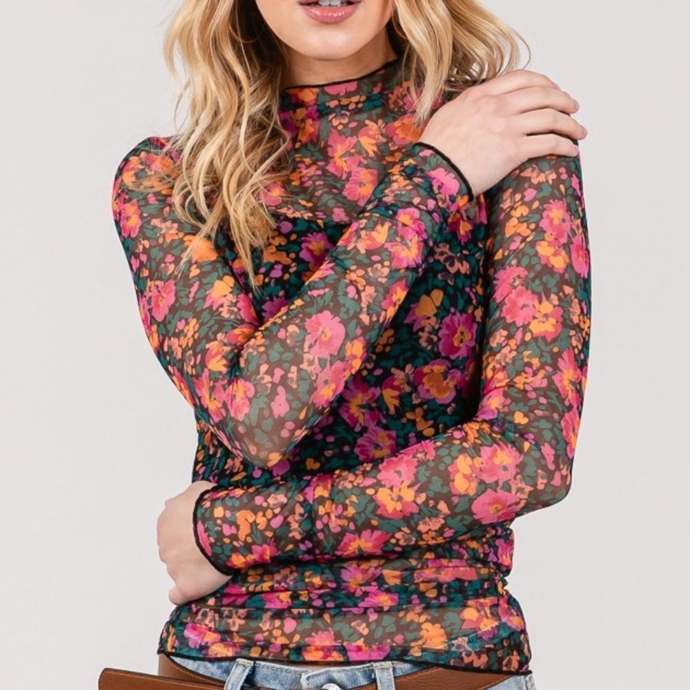 SAGE + FIG Vibrant Pink Green Floral Mesh Long Sleeve Fitted Top sz S M L XL 2X